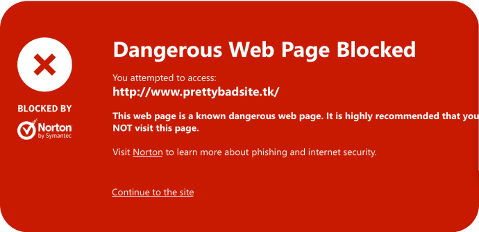 Obrázek nebezpečné webové stránky zablokované pomocí služby Safe Web.